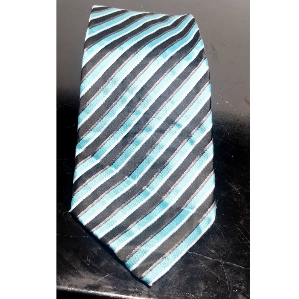 Alexander Julian Colours Mens Silk Tie Blue Black Silver Striped Classic Wide